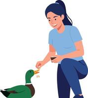 A young woman feeding a colorful duck while smiling in a flat illustration vector