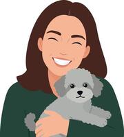 Happy woman smiling while holding a fluffy grey dog in a minimal illustration vector