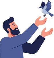 A man releasing a bird into the sky in a flat illustration of freedom and connection vector