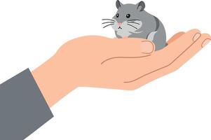 A cute grey hamster resting on a palm in flat art style with gentle details vector