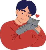 A young man joyfully hugging a grey cat in a minimal flat illustration vector