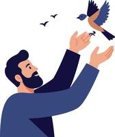 A man joyfully releasing a bird into the sky in a minimal and colorful illustration vector