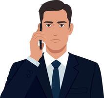 Businessman in a suit talking on a phone with a serious expression, flat art vector