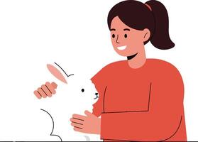 A cheerful girl gently holding a white rabbit in a minimal flat design illustration vector