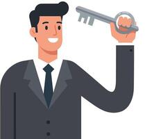 Businessman in suit holding a key with a confident smile in flat art vector