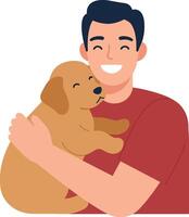 Happy man embracing a playful puppy in a flat, cheerful design illustration vector