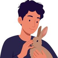 Young man gently holding a fluffy rabbit in a flat, colorful style illustration vector