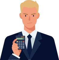 Confident businessman presenting a calculator in a tailored suit, minimal illustration vector
