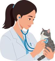 Veterinarian examining a gray cat with a stethoscope in a flat illustration vector