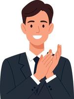 A smiling businessman in a suit clapping hands in a minimal, cheerful illustration vector
