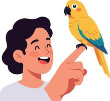 A joyful person interacting with a colorful parrot in a flat illustration vector