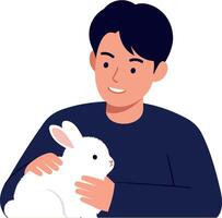 Young man gently holding a white rabbit in a flat, minimal design illustration vector