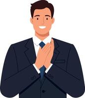 Professional businessman in a suit expressing gratitude with a friendly smile in flat art vector