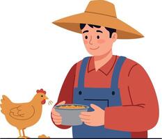 Farmer in straw hat feeding chicken with bowl of grain in flat illustration vector