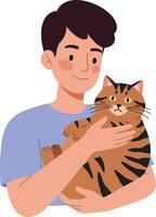 Young man smiling while holding a striped cat in a flat illustration vector