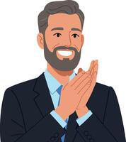 Smiling businessman in a suit clapping hands with a joyful expression in flat art vector