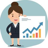 Businesswoman presenting a growth chart with colorful bars in a flat art style vector