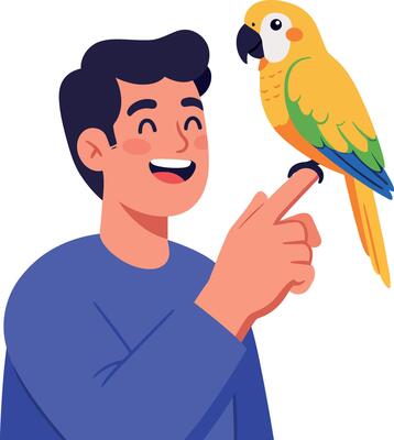 A cheerful man interacting with a vibrant parrot in a flat illustration
