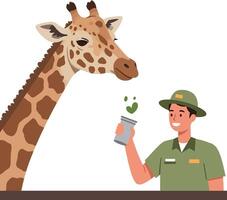 Giraffe interacting with zookeeper in flat, cheerful art illustration vector