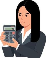 Professional woman in a suit examining a calculator with a serious expression, flat illustration vector