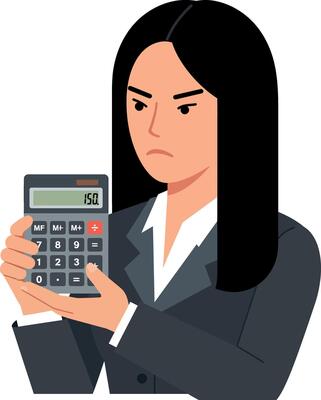 Professional woman in a suit examining a calculator with a serious expression, flat illustration
