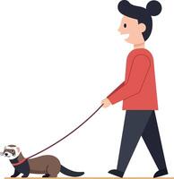 A person joyfully walking a playful ferret on a leash in a flat, minimal style illustration vector