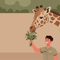 A smiling zookeeper feeding a friendly giraffe in a flat illustration vector