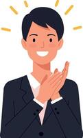 Happy businessman in a suit clapping with a joyful expression in flat illustration vector