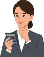 Thoughtful businesswoman using a calculator in a professional setting, flat illustration vector
