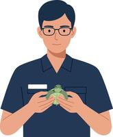 Young man in a blue uniform gently holding a green turtle in minimal art vector