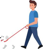 A cheerful man walking a small white dog on a leash in a flat illustration vector