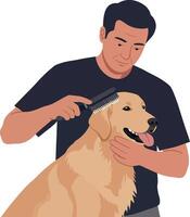 A man grooming a golden retriever with a comb in a flat illustration vector