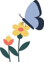 Blue butterfly hovering over yellow flower in a colorful minimal illustration vector