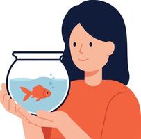 A girl holding a round fishbowl with a goldfish in a minimal and colorful illustration vector