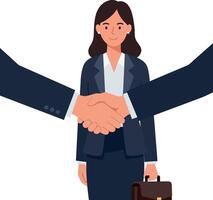 Professional woman in business attire engaging in a handshake with two colleagues in flat art vector