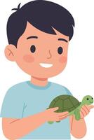 A cheerful boy with a green turtle in a flat design illustration vector