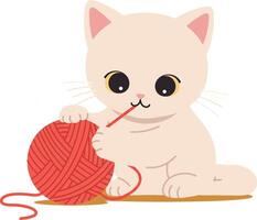 Playful kitten with red yarn in a minimal, cheerful style illustration vector