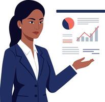 Businesswoman in a suit presenting data with charts and graphs in a flat illustration vector