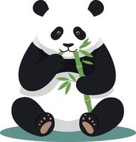 Adorable panda sitting and munching on bamboo in flat art vector