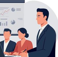 Business professionals engaged in a meeting with charts and graphs in a flat illustration vector