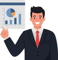 Professional man in a suit presenting business charts in flat art vector
