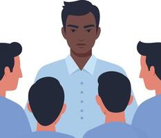 A confident man leading a discussion with four attentive colleagues in a minimal illustration vector