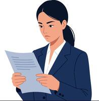 Businesswoman reading a document with a focused expression in flat illustration vector