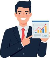 Businessman in a suit pointing at a growth chart in a flat illustration vector