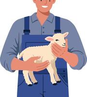 A farmer holding a small lamb in blue overalls showcasing a caring expression in flat art vector