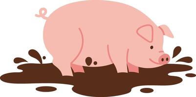Pink pig happily playing in a muddy puddle in a flat illustration vector
