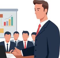 Businessman presenting to audience in a modern office setting, flat illustration vector