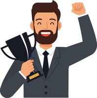 Happy man in a suit celebrating victory with a trophy in a flat illustration vector