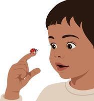 A child with wide eyes observing a ladybug on his finger in a flat illustration vector