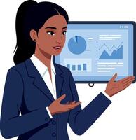 Confident businesswoman presenting data analysis in a professional setting with flat art vector